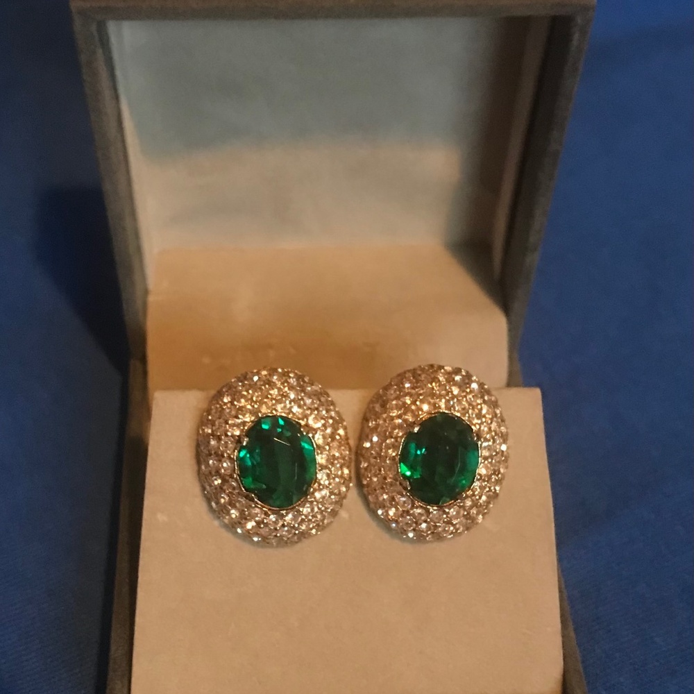 Panetta Emerald green crystal with rhinestones clip on earrings